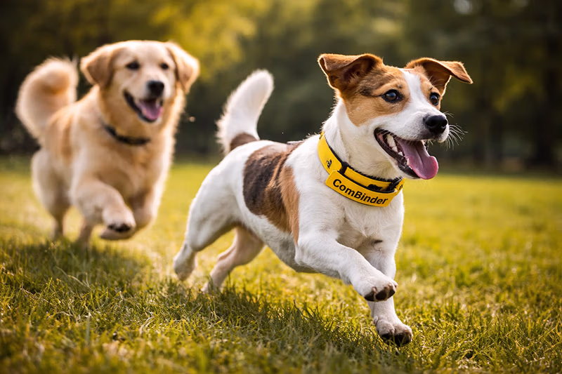 zwei Hunden die von links nach rechts laufen. Der vordere Hund läuft schneller als der andere. Er hat auch auf seinem Halsband das Logo vom ComBinder.