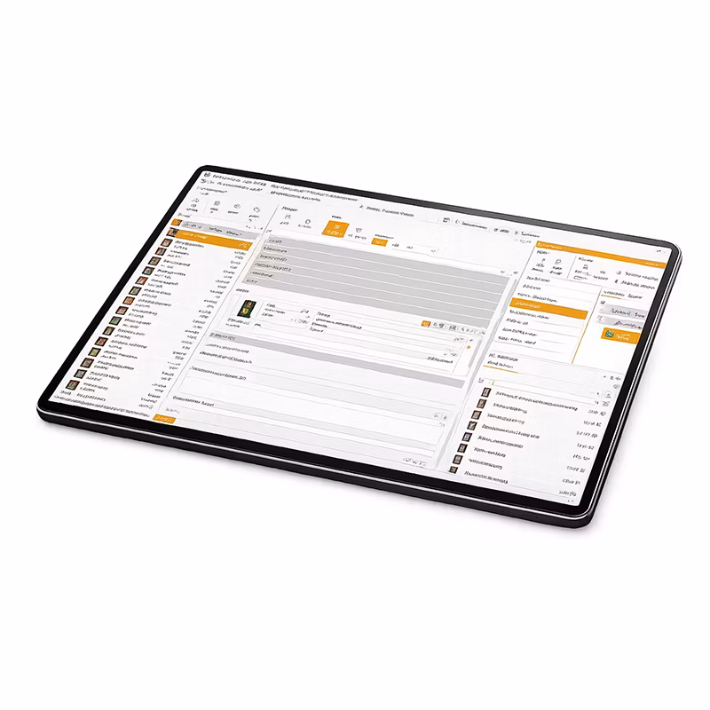 Tabletfreisteller liegend auf einer weißen Oberfläche mit der Darstellung des ComBinder UIs