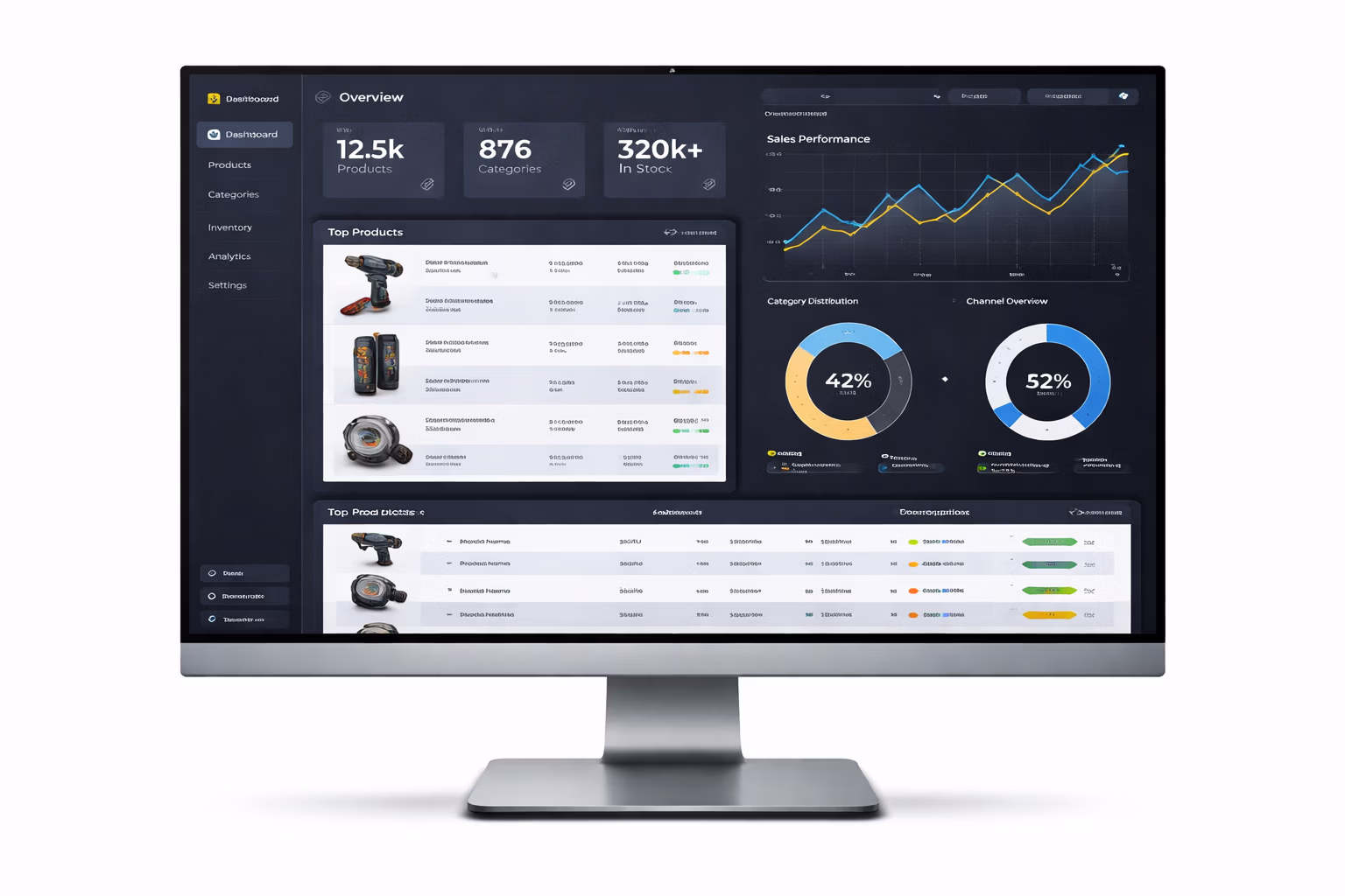 PIM_Monitor Bild (freisteller) eines Desktop-Monitors auf dessen Bildschirm Daten, Tabellen , Diagramme und Grafiken zu sehen sind.