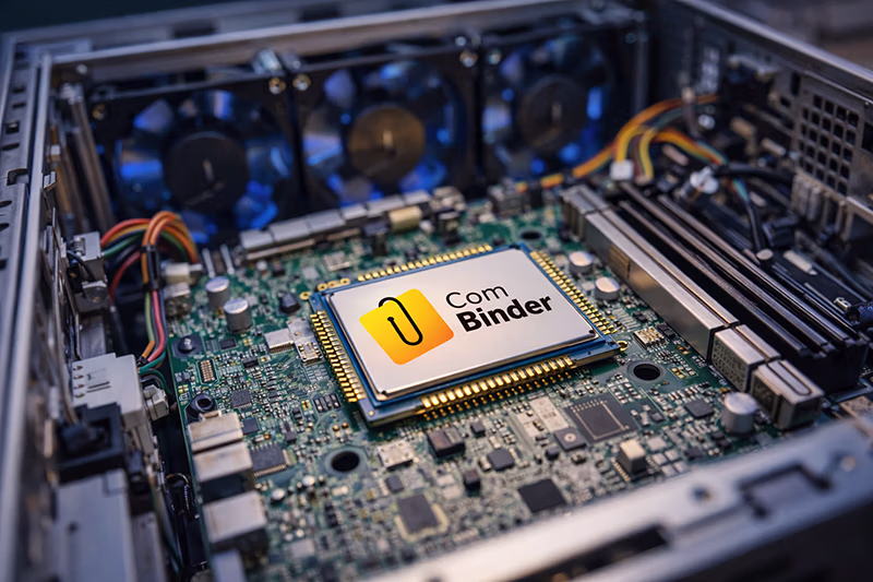 Fotorealistisches Bild von einem geöffneten Serverrechner und Platziere das im Anhang liegende Bild auf einem zentralen Prozessorchip.