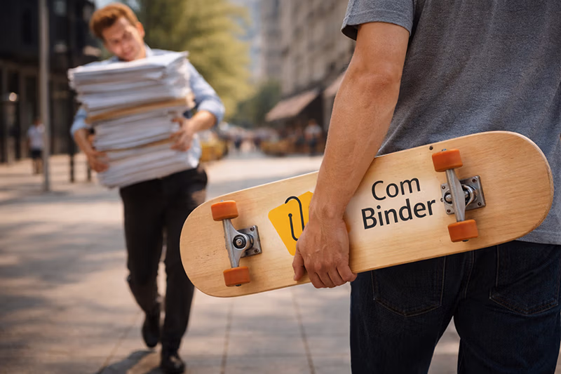 Auf dem Bild sind zwei Personen zu sehen. Im Vordergrund ist eine Person, die unter dem Arm ein Skateboard trägt und Richtung rechtem Bildrand geht. Auf dem Skateboard ist das ComBinder Logo zu sehen. Der Fokus liegt auf dem Skateboard. Im Hintergrund ist die andere Person zu sehen, die ein großes Bündel Papier unter dem Arm trägt und Schwierigkeiten damit hat dies zu halten.