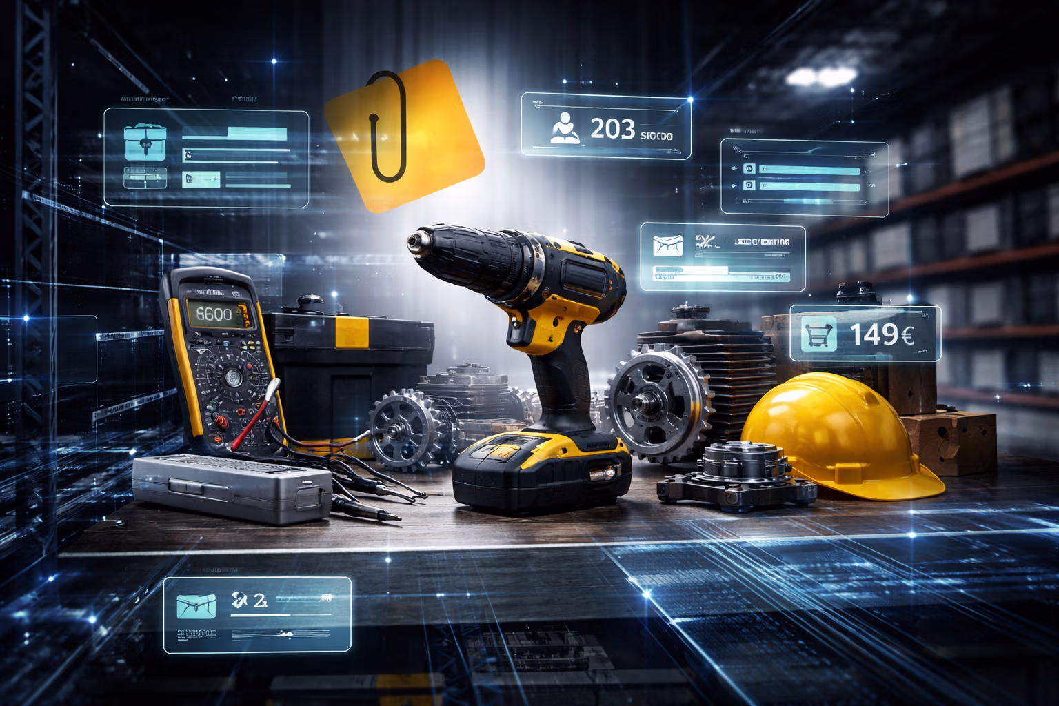 Werkzeuge und Daten im digitalen Zeitalter Bild mit Produkten aus dem Bereich Elektro, Maschinenbau, Handwerk, Webshop sowie ein Produktkatalog. Alle als Objekte in einem Lagerregal. Dahinter das Logo des ComBinder